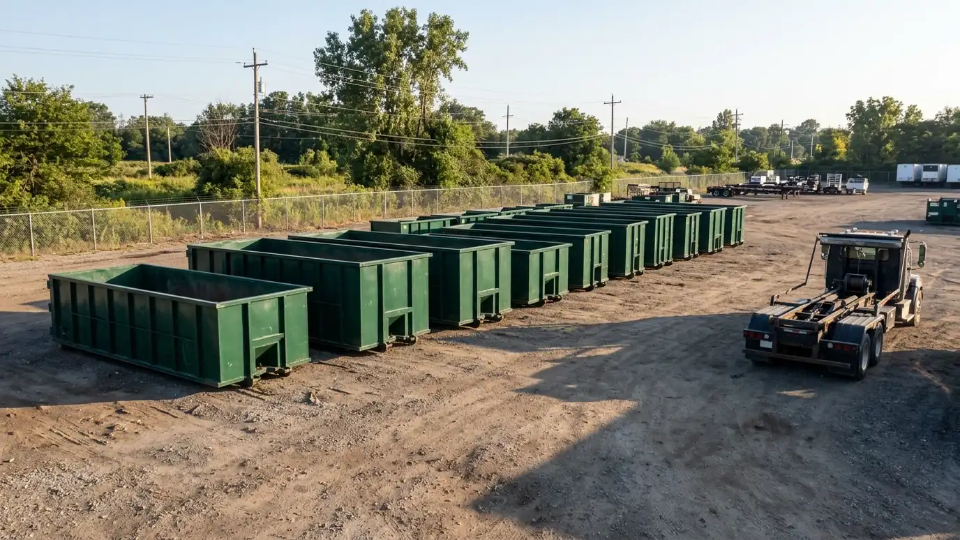 A tidy equipment yard with a row of clean dark green roll-off containers in several sizes lined up neatly and a roll-off truck parked at the side in morning light