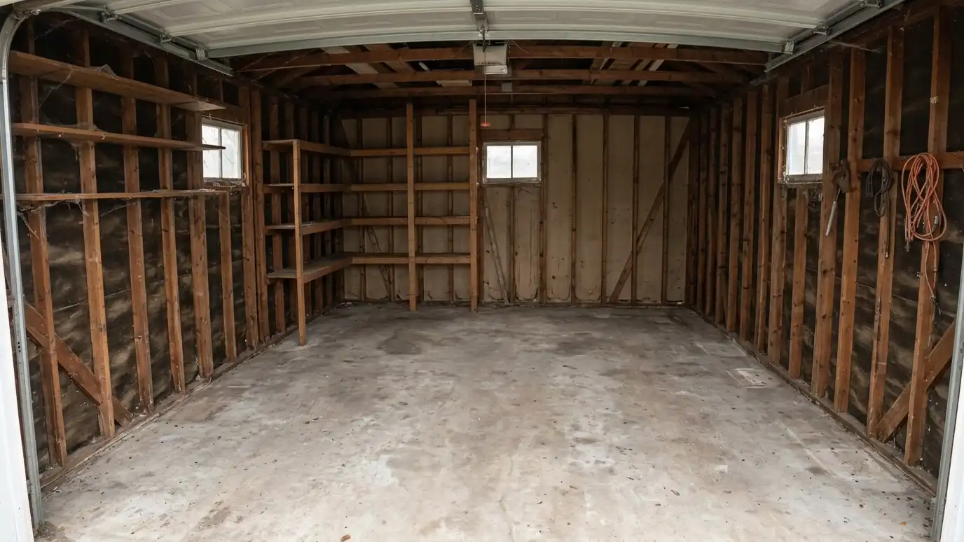 After: A cluttered garage, then an empty, swept garage | Music City Roll Off After: a two-car garage with everything cleared out and a swept, empty concrete floor