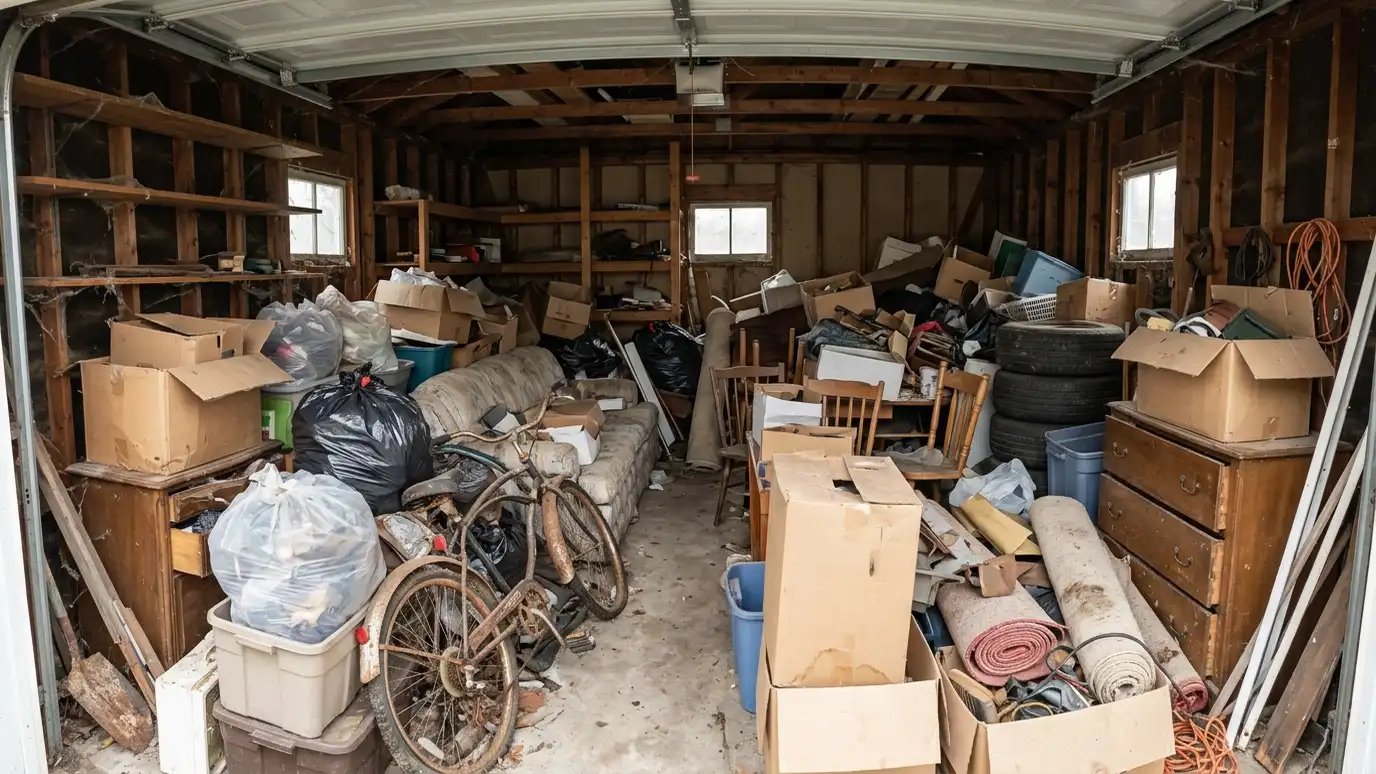 Before: a two-car garage with old furniture, boxes, a broken bicycle and bags of trash packed from floor to ceiling