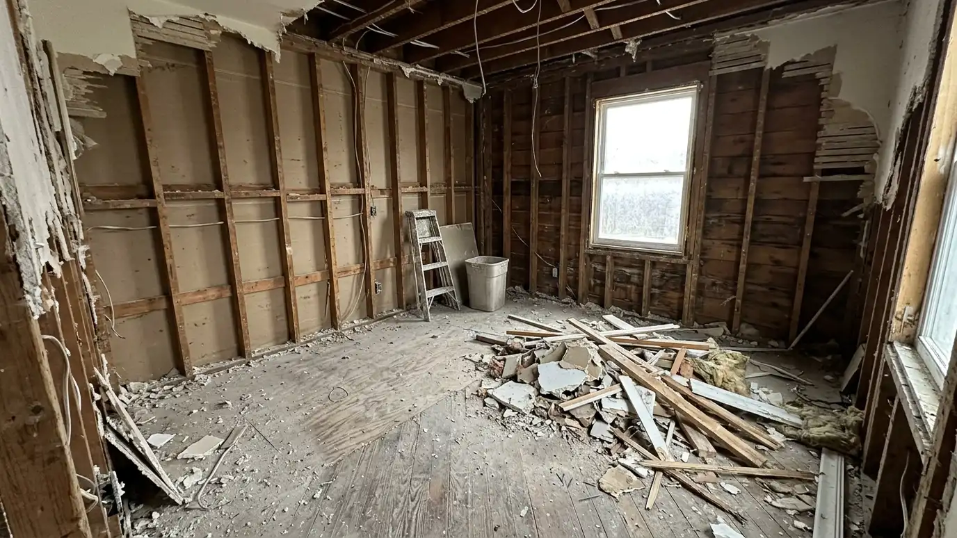 Before: a gutted room with torn-out drywall, broken plaster and lumber scraps on the subfloor