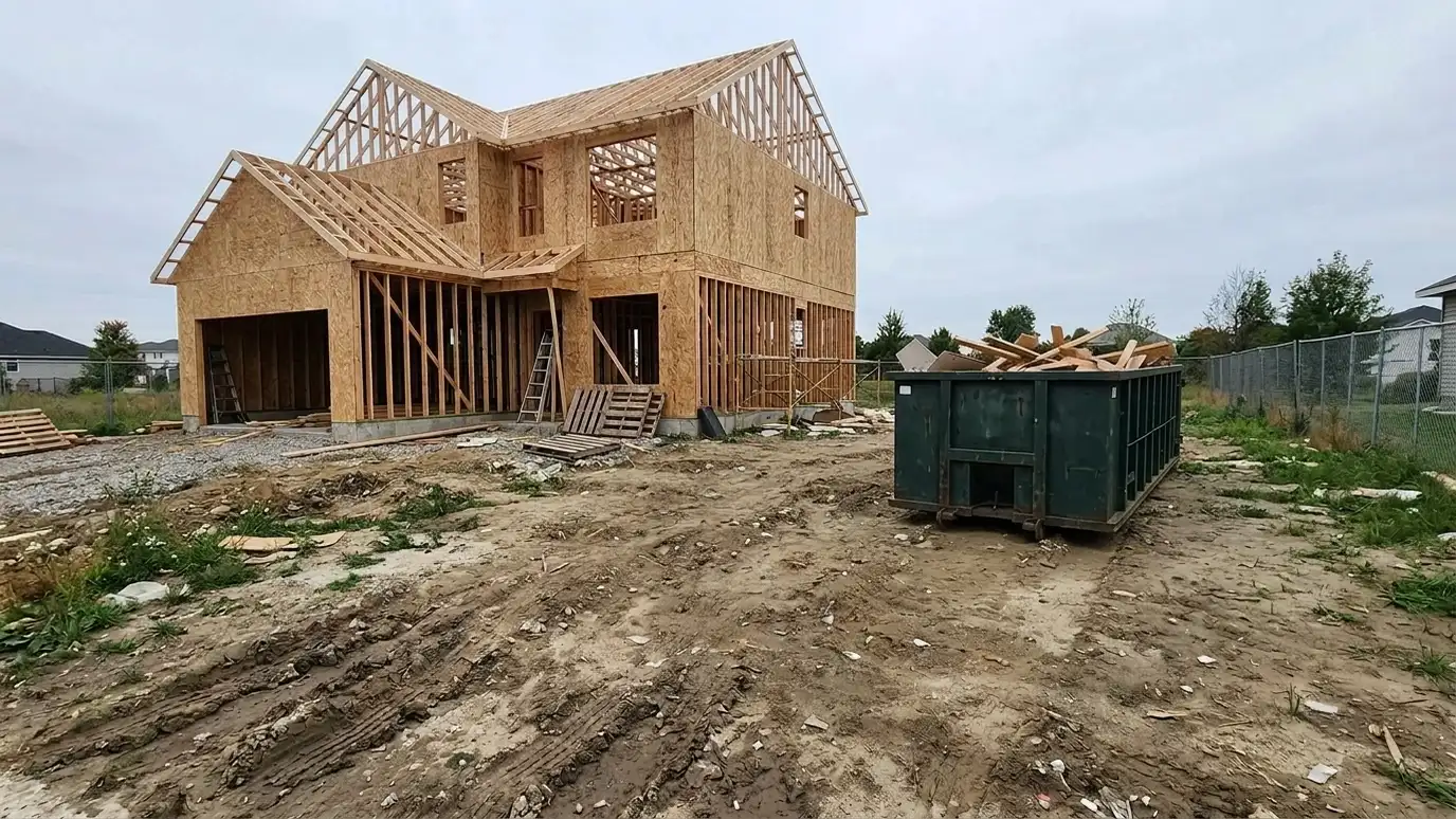 After: a construction site with tidy ground and a dark green dumpster beside the framed house