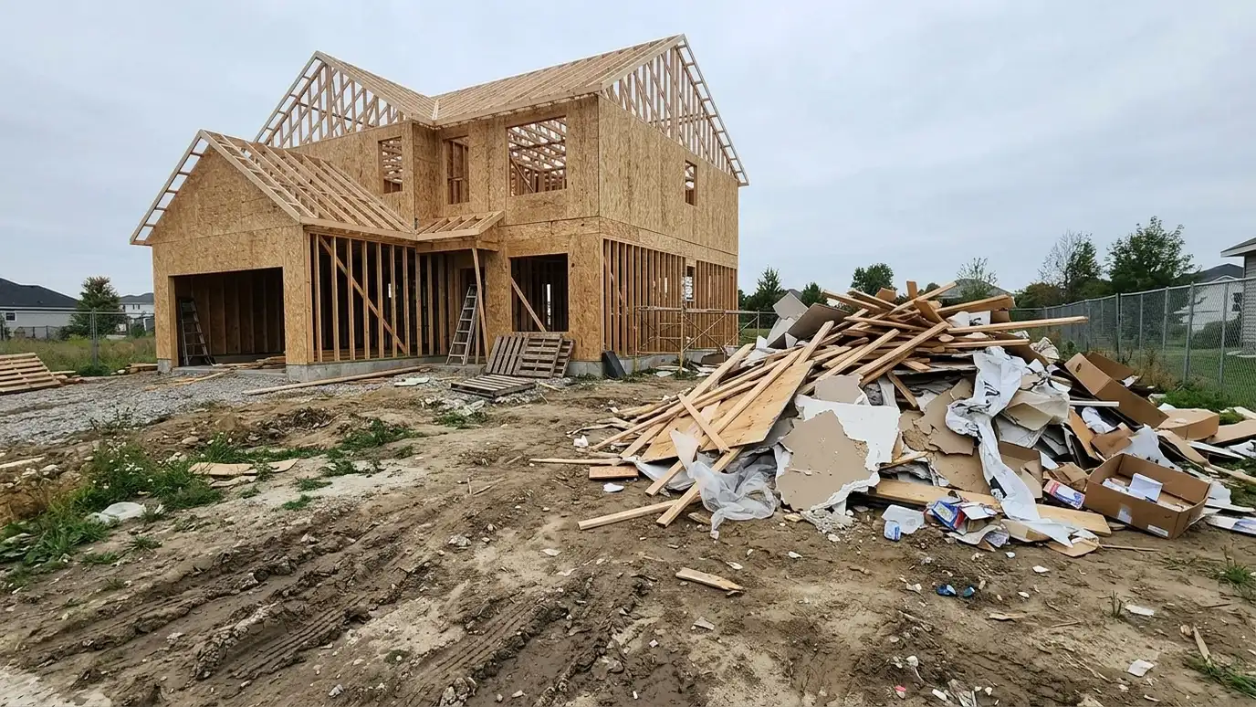Before: a construction site with a messy pile of scrap lumber, drywall and trash beside a half-framed house