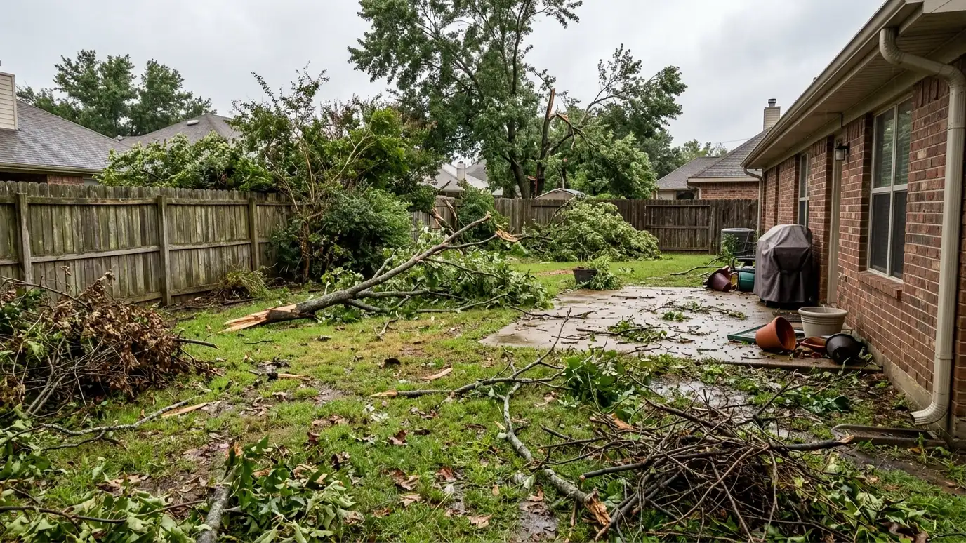 Before: a backyard with fallen limbs, branches and brush piles scattered after a storm