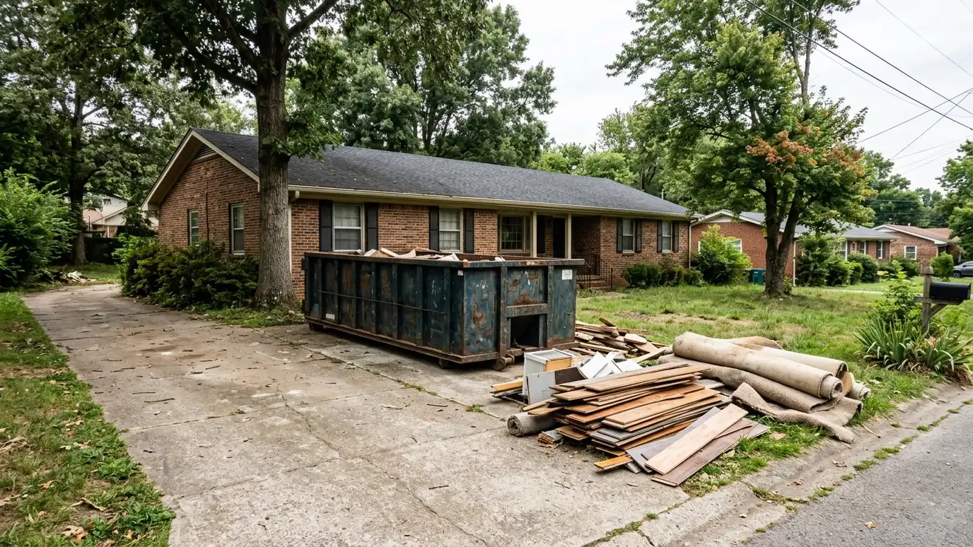 A Antioch, Tennessee home with a dark green roll-off dumpster in the driveway and renovation debris beside it