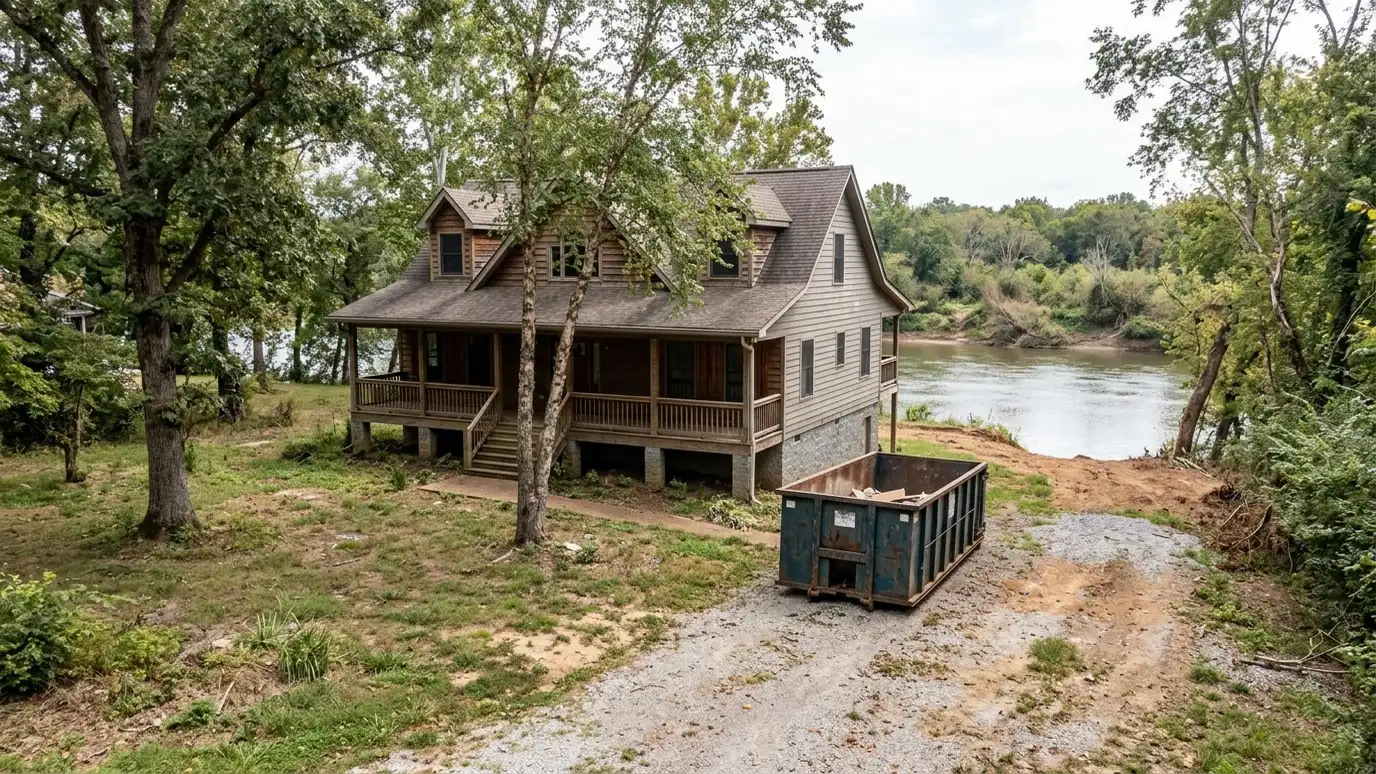 A Ashland City, Tennessee home with a dark green roll-off dumpster in the driveway and renovation debris beside it