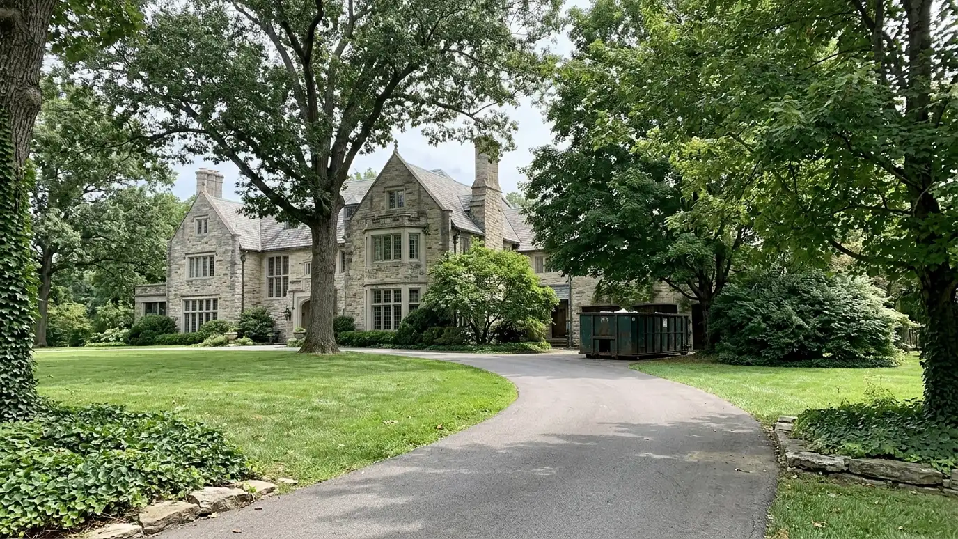 A Belle Meade, Tennessee home with a dark green roll-off dumpster in the driveway and renovation debris beside it