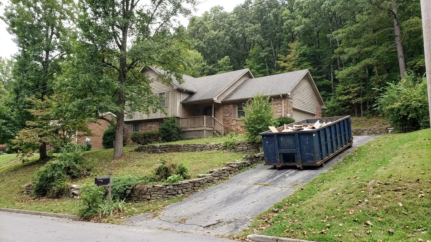 A Bellevue, Tennessee home with a dark green roll-off dumpster in the driveway and renovation debris beside it