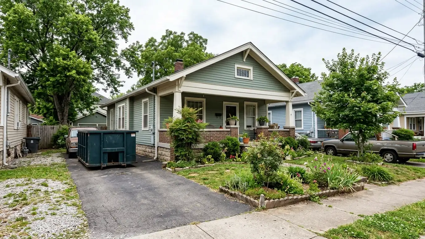 A Berry Hill, Tennessee home with a dark green roll-off dumpster in the driveway and renovation debris beside it