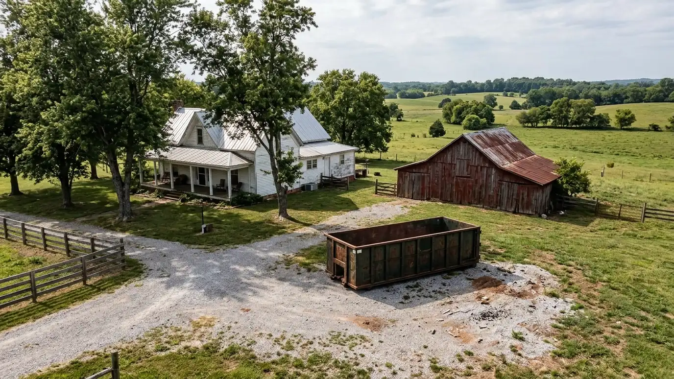 A College Grove, Tennessee home with a dark green roll-off dumpster in the driveway and renovation debris beside it