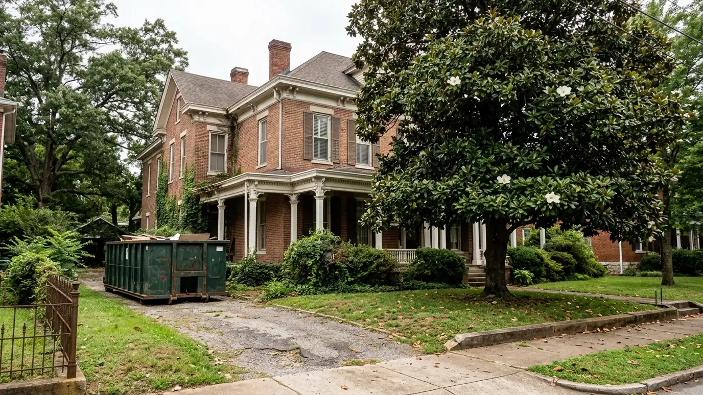 A Columbia, Tennessee home with a dark green roll-off dumpster in the driveway and renovation debris beside it