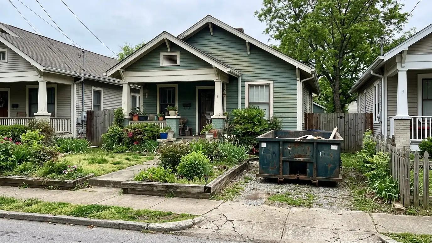 A East Nashville, Tennessee home with a dark green roll-off dumpster in the driveway and renovation debris beside it