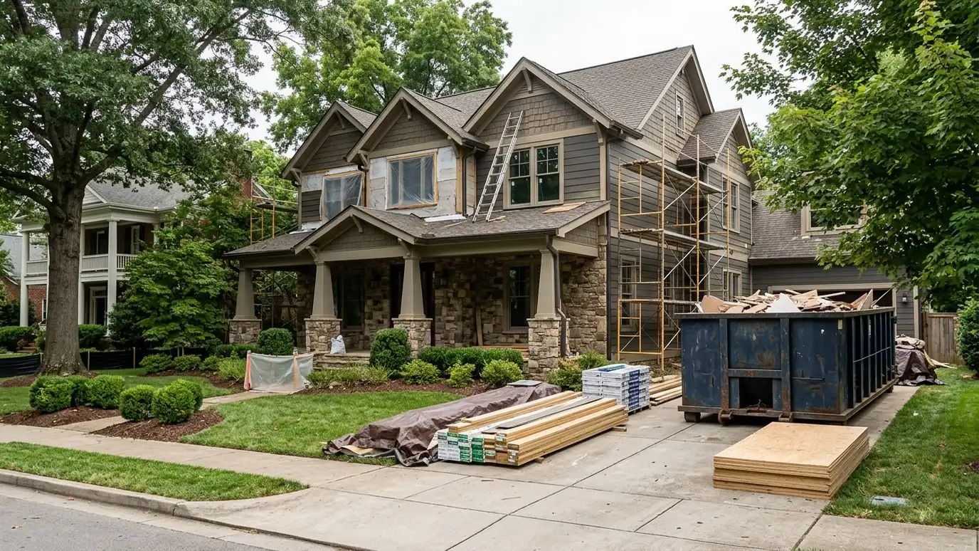 A Franklin, Tennessee home with a dark green roll-off dumpster in the driveway and renovation debris beside it