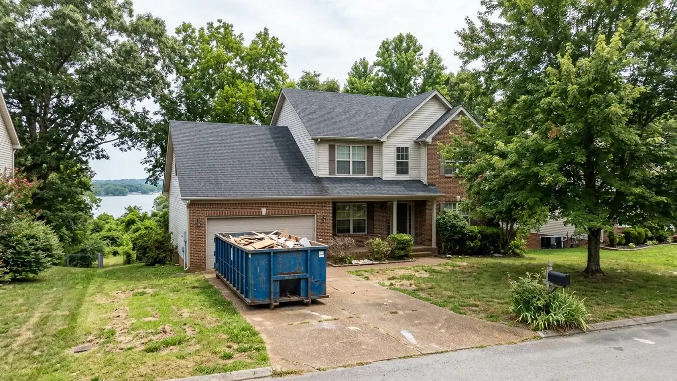 A Gallatin, Tennessee home with a dark green roll-off dumpster in the driveway and renovation debris beside it