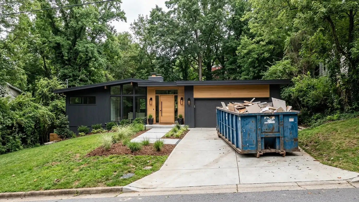 A Green Hills, Tennessee home with a dark green roll-off dumpster in the driveway and renovation debris beside it