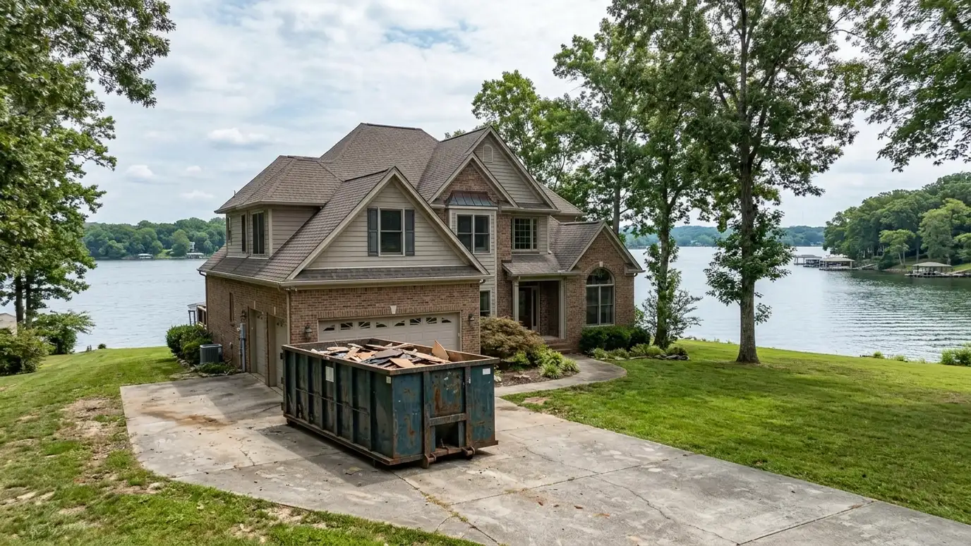 A Hendersonville, Tennessee home with a dark green roll-off dumpster in the driveway and renovation debris beside it
