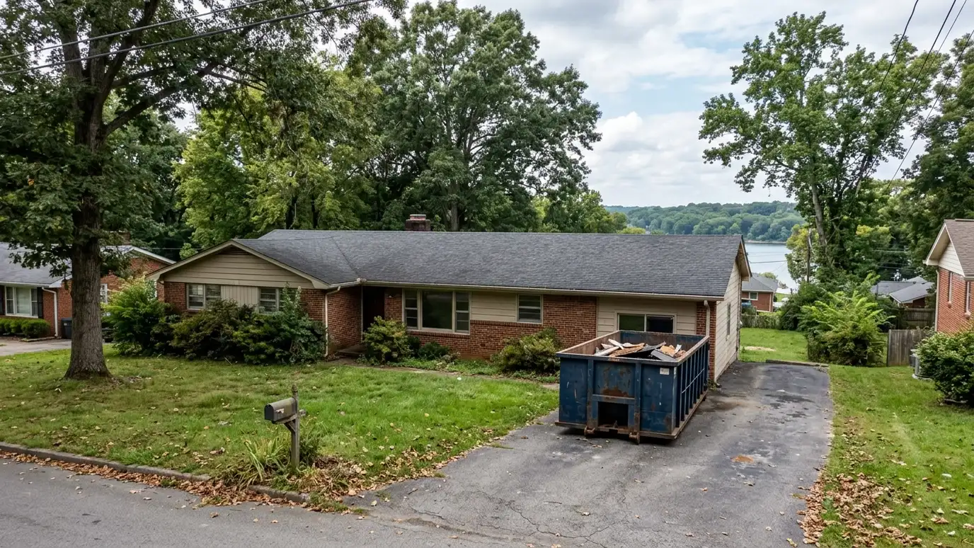 A Hermitage, Tennessee home with a dark green roll-off dumpster in the driveway and renovation debris beside it
