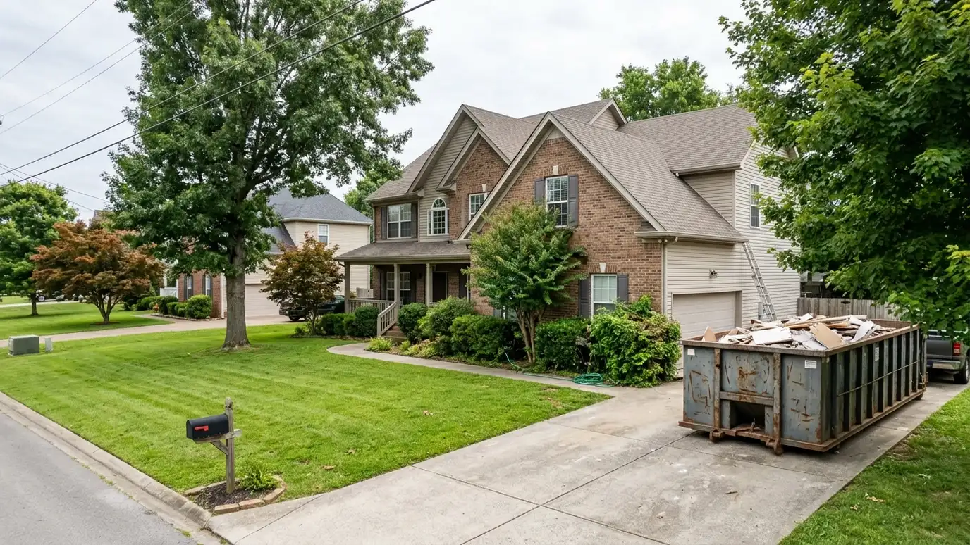 A La Vergne, Tennessee home with a dark green roll-off dumpster in the driveway and renovation debris beside it