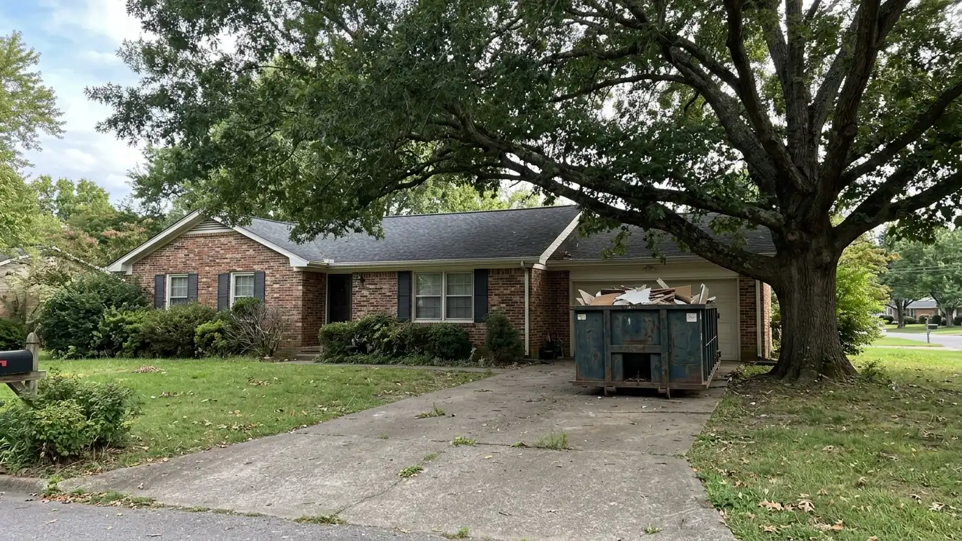A Lebanon, Tennessee home with a dark green roll-off dumpster in the driveway and renovation debris beside it