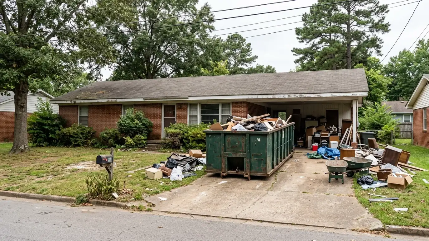 A Madison, Tennessee home with a dark green roll-off dumpster in the driveway and renovation debris beside it