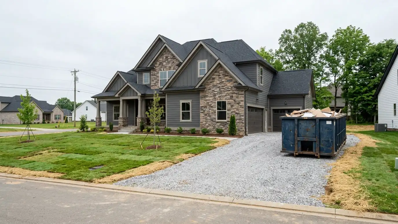 A Mt. Juliet, Tennessee home with a dark green roll-off dumpster in the driveway and renovation debris beside it