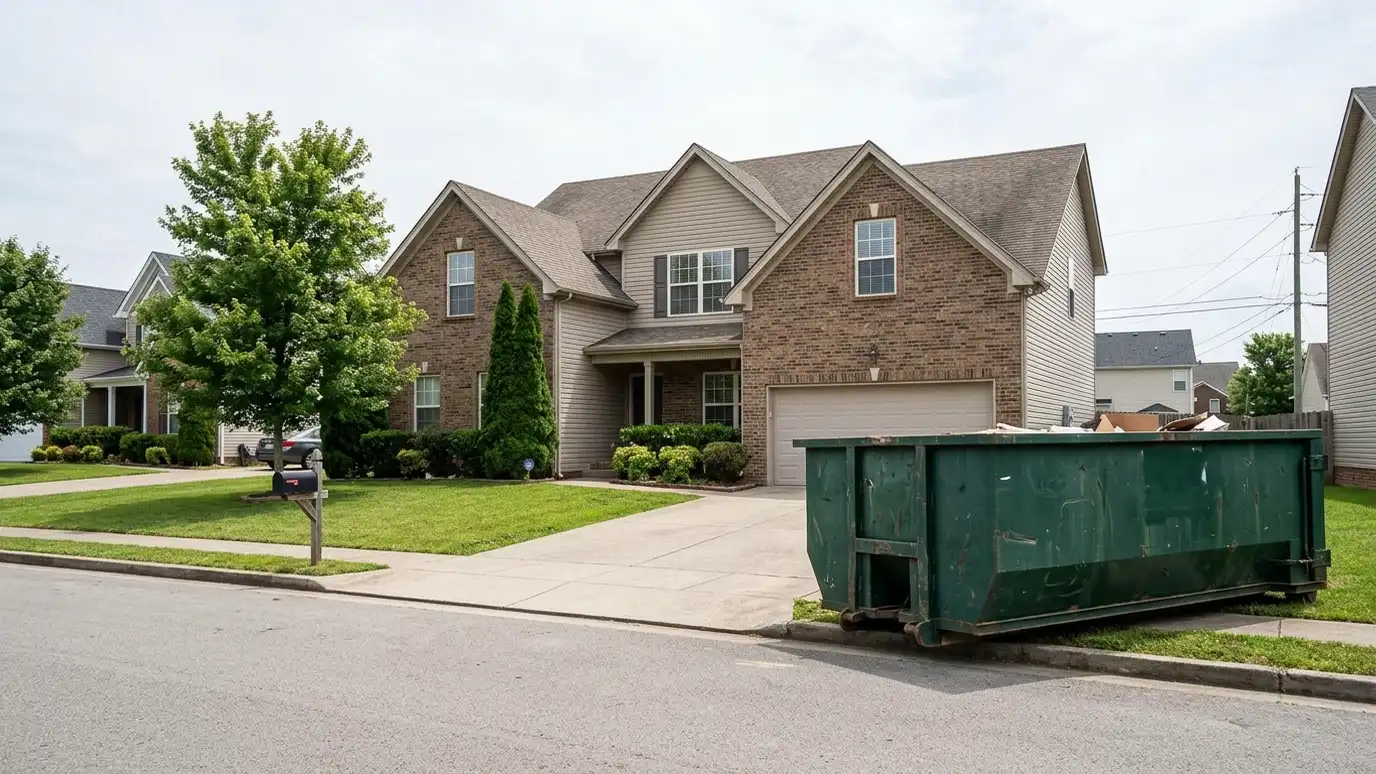 A Murfreesboro, Tennessee home with a dark green roll-off dumpster in the driveway and renovation debris beside it