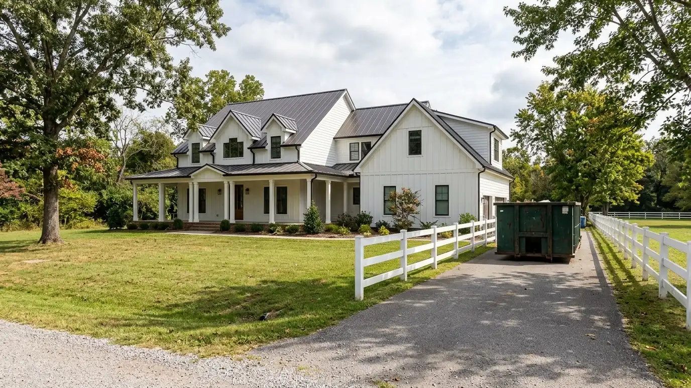 A Nolensville, Tennessee home with a dark green roll-off dumpster in the driveway and renovation debris beside it
