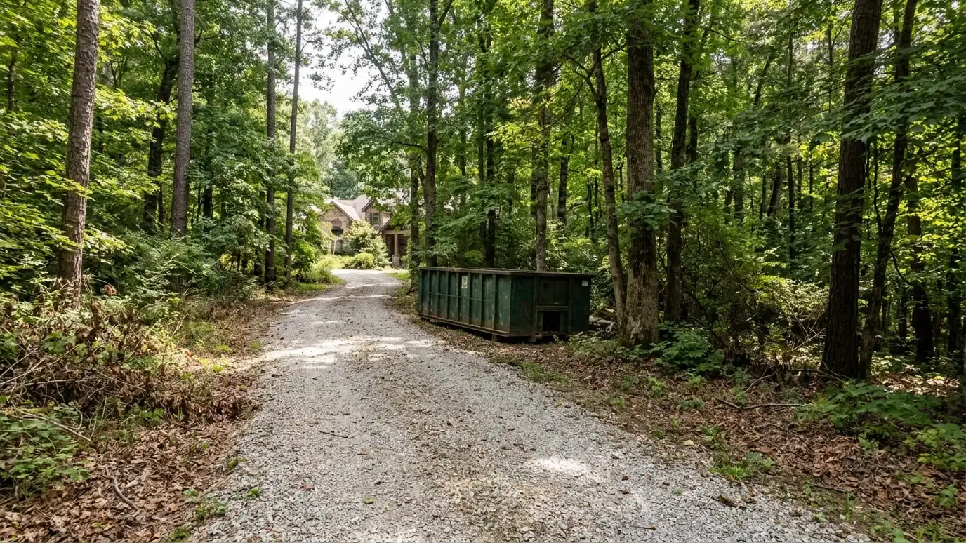 A Oak Hill, Tennessee home with a dark green roll-off dumpster in the driveway and renovation debris beside it