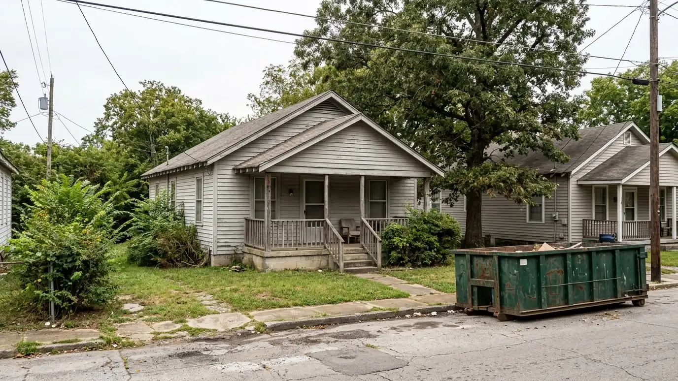 A Old Hickory, Tennessee home with a dark green roll-off dumpster in the driveway and renovation debris beside it