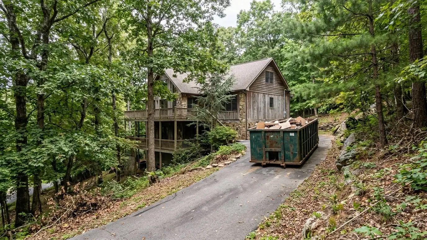A Pegram, Tennessee home with a dark green roll-off dumpster in the driveway and renovation debris beside it