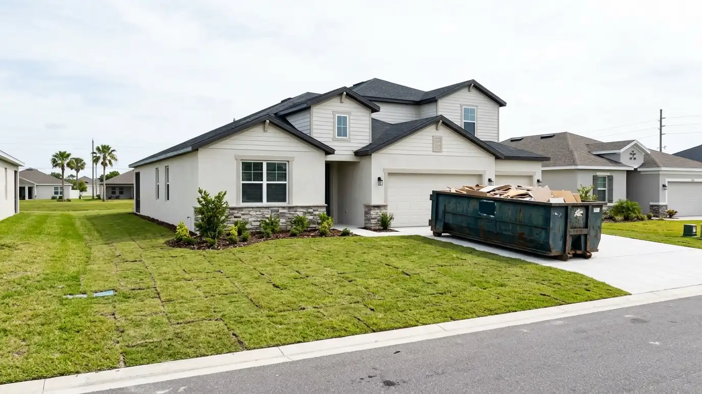 A Spring Hill, Tennessee home with a dark green roll-off dumpster in the driveway and renovation debris beside it