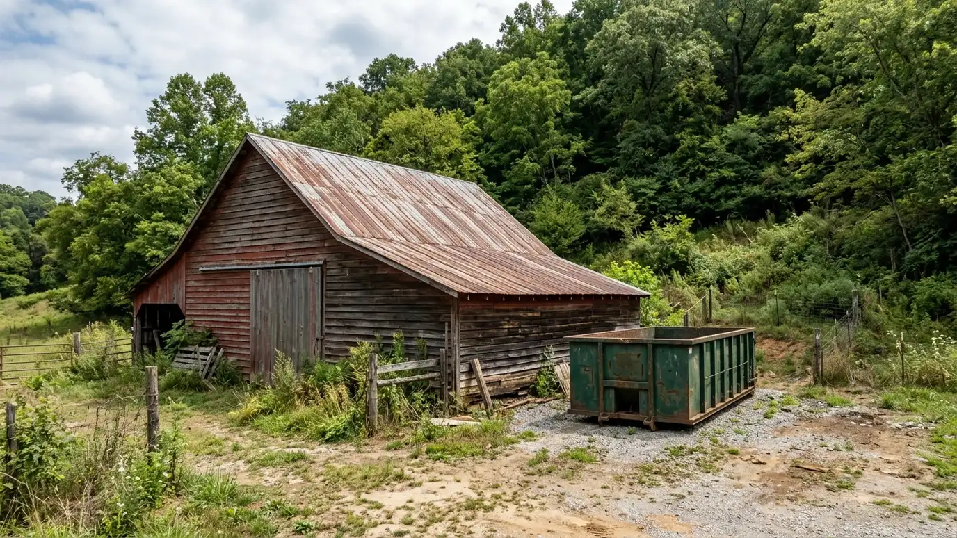 A Whites Creek, Tennessee home with a dark green roll-off dumpster in the driveway and renovation debris beside it