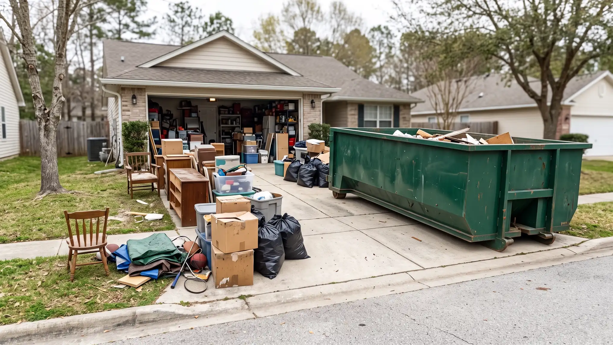 Cleanouts and moves | Music City Roll Off An open garage door with furniture, boxes and bags stacked near a dark green roll-off dumpster at the end of the driveway during a cleanout