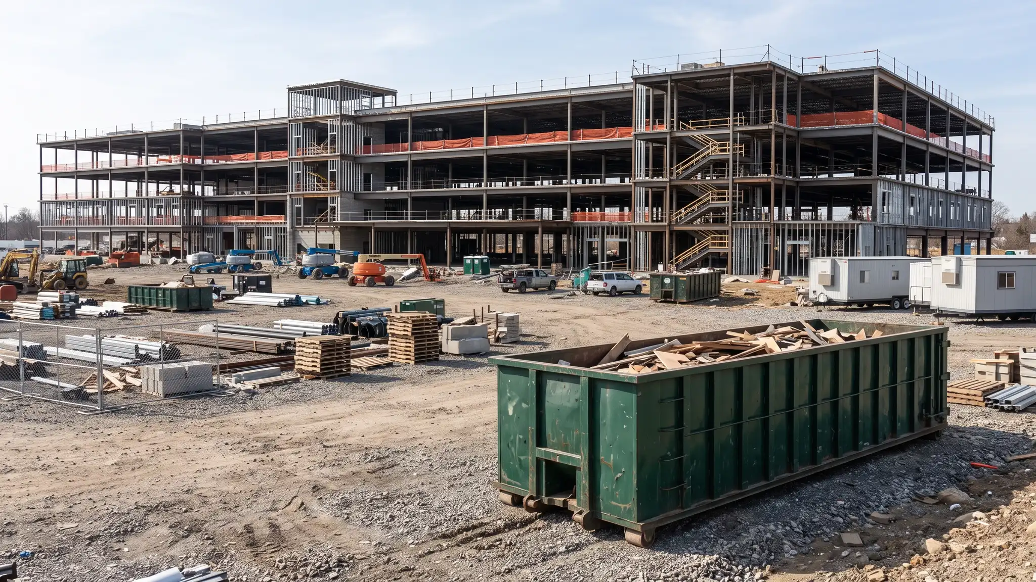 Commercial projects | Music City Roll Off A large commercial building under construction with steel framing and a long forty-yard dark green roll-off dumpster on a gravel site in clear daylight