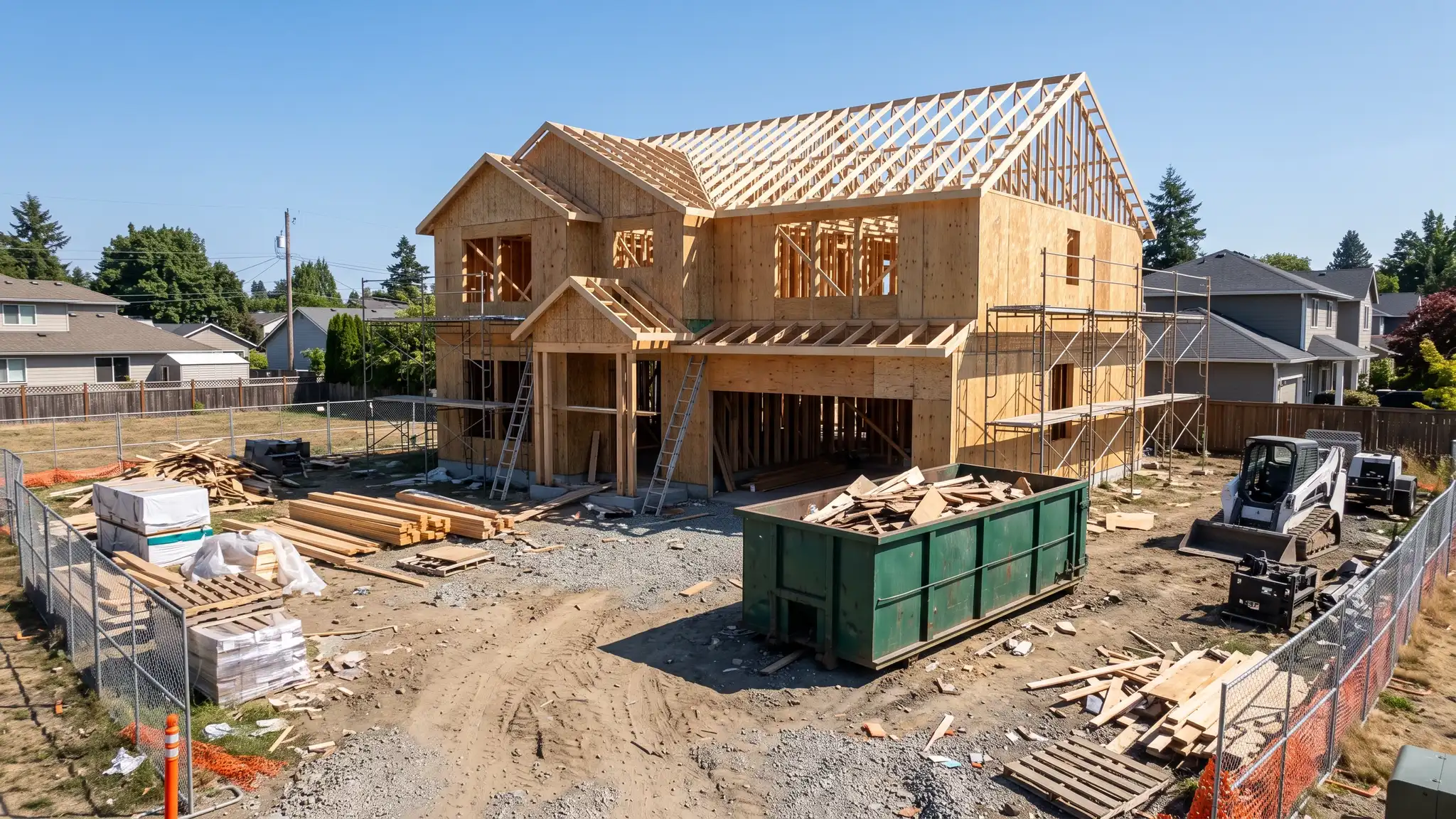 Construction sites | Music City Roll Off A busy residential construction site with a half-framed two-story house and a dark green roll-off dumpster beside it half full of lumber scraps under a clear blue sky