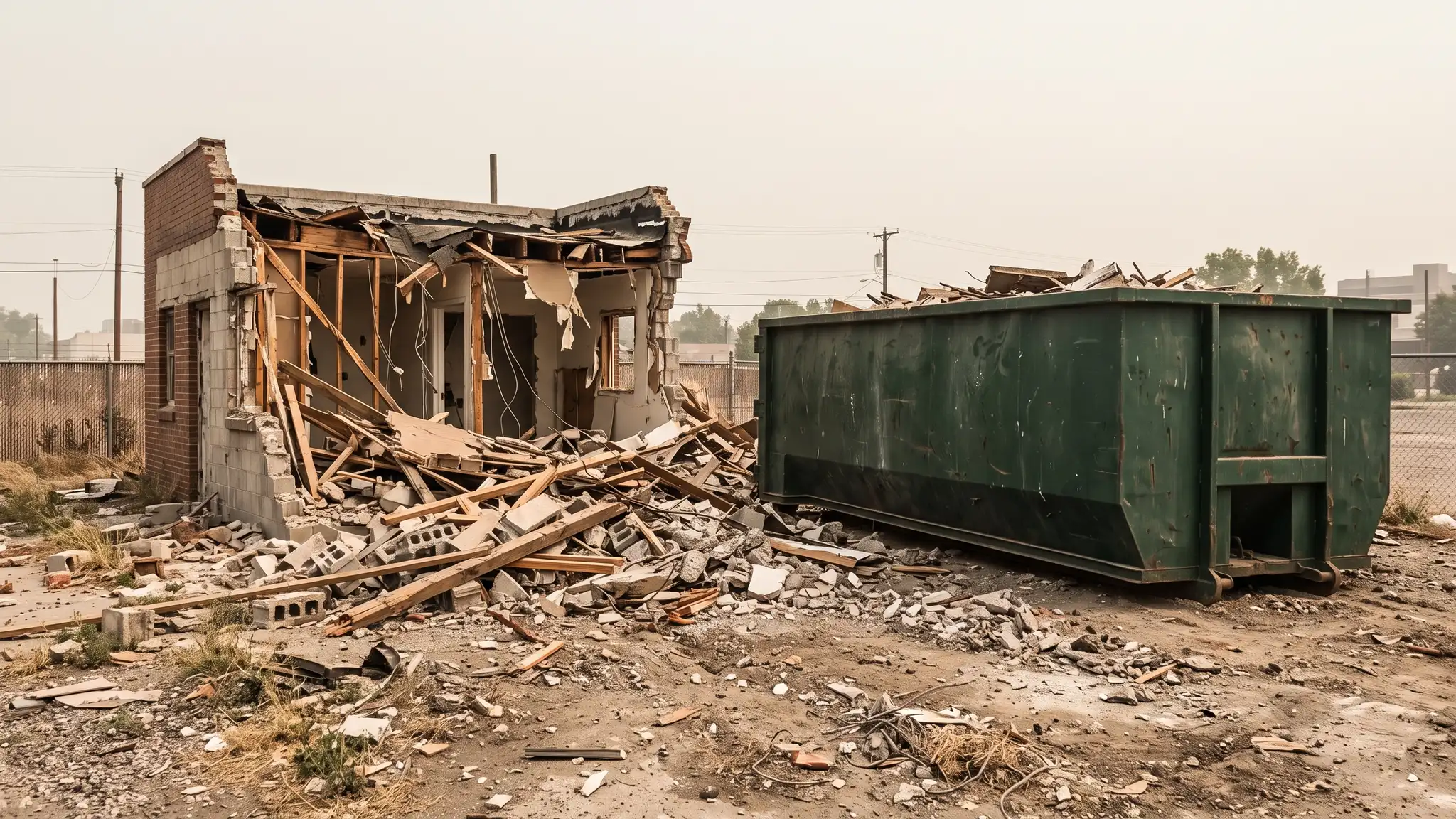 Demolition debris | Music City Roll Off A partially demolished small building with a pile of broken concrete and wood and a dark green roll-off dumpster beside it in dusty daylight