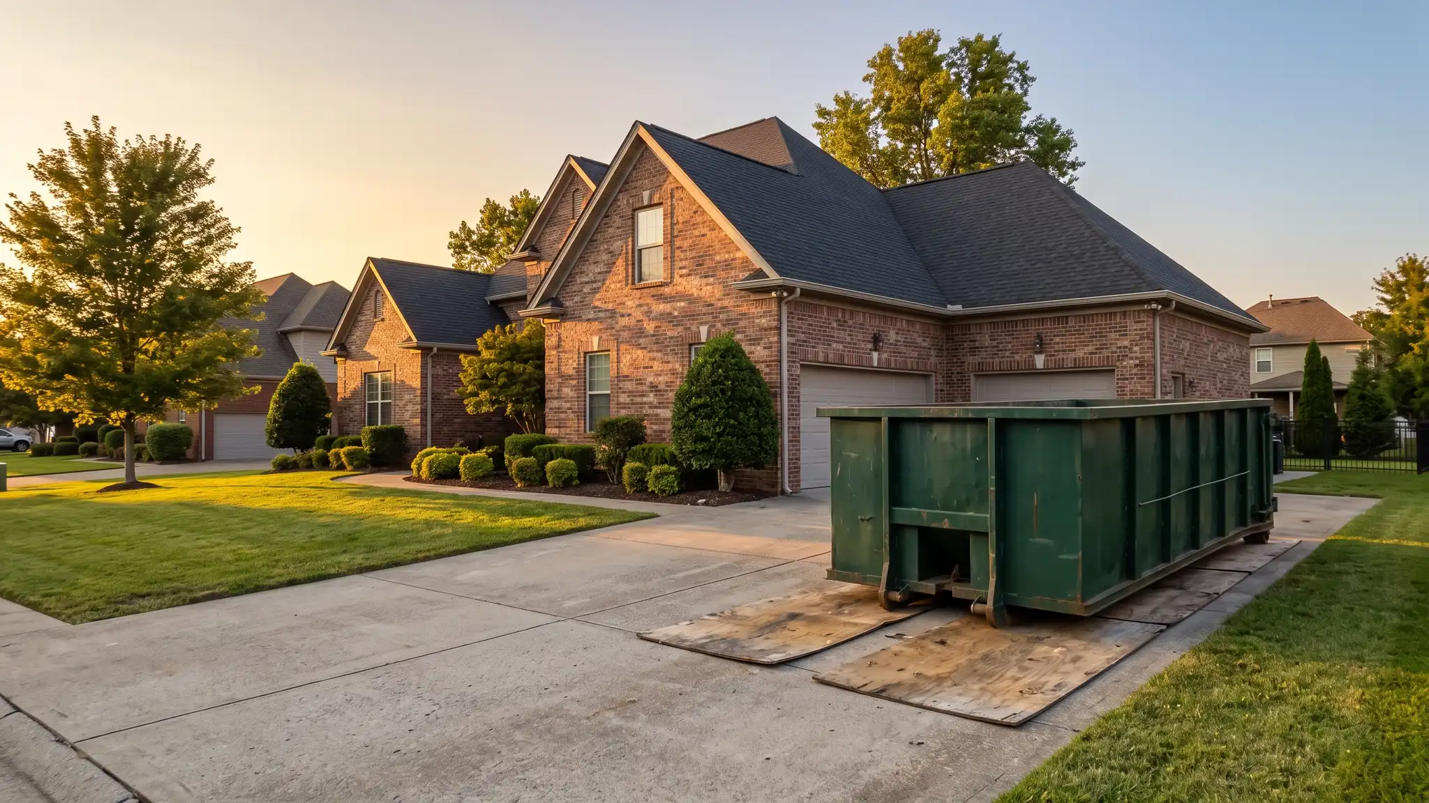 Music City Roll Off | Nashville, TN A tidy brick suburban Nashville home at golden hour with a plain dark green steel roll-off dumpster sitting on plywood in the driveway beside the garage