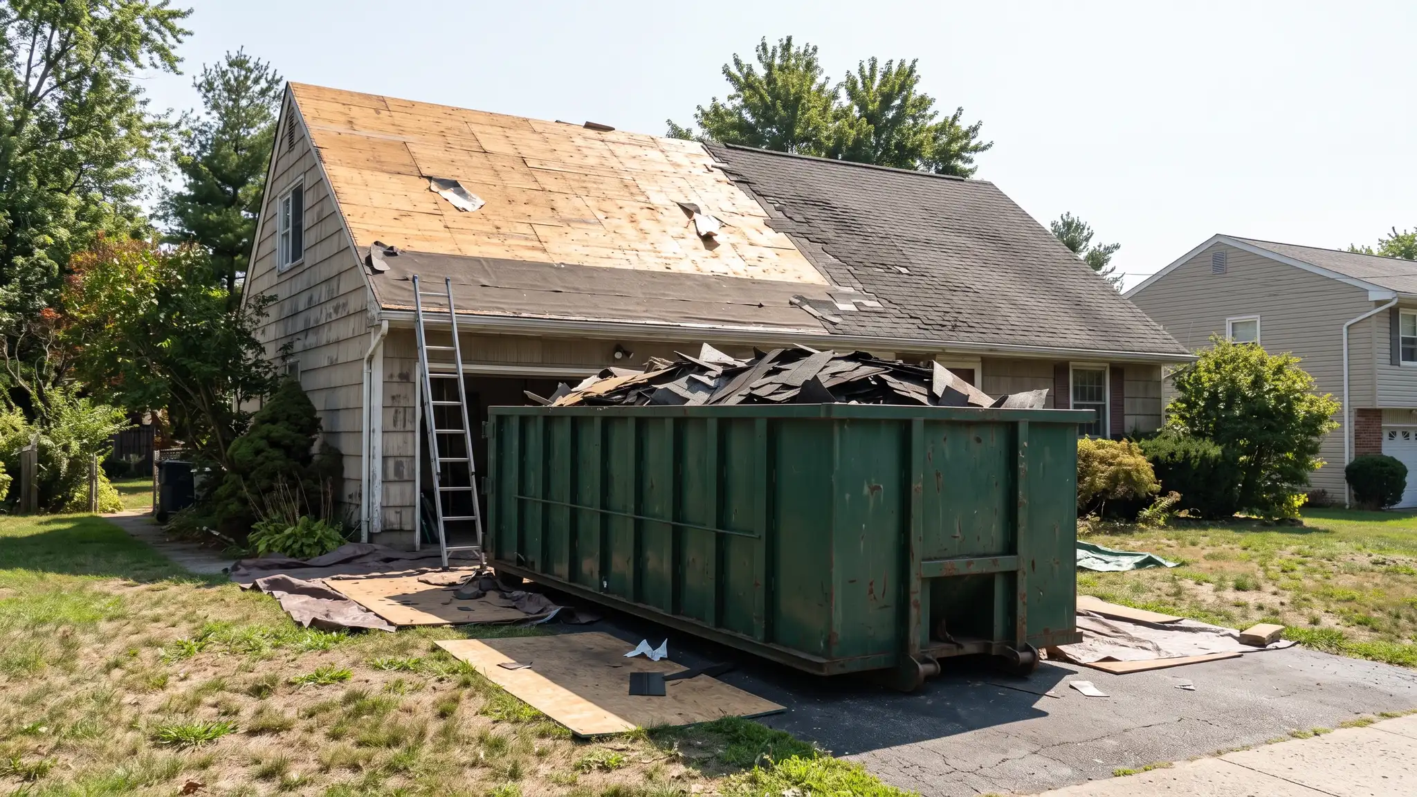 Roofing tear-offs | Music City Roll Off A house with a half-stripped roof and a dark green roll-off dumpster parked below the eave with old shingles piled inside