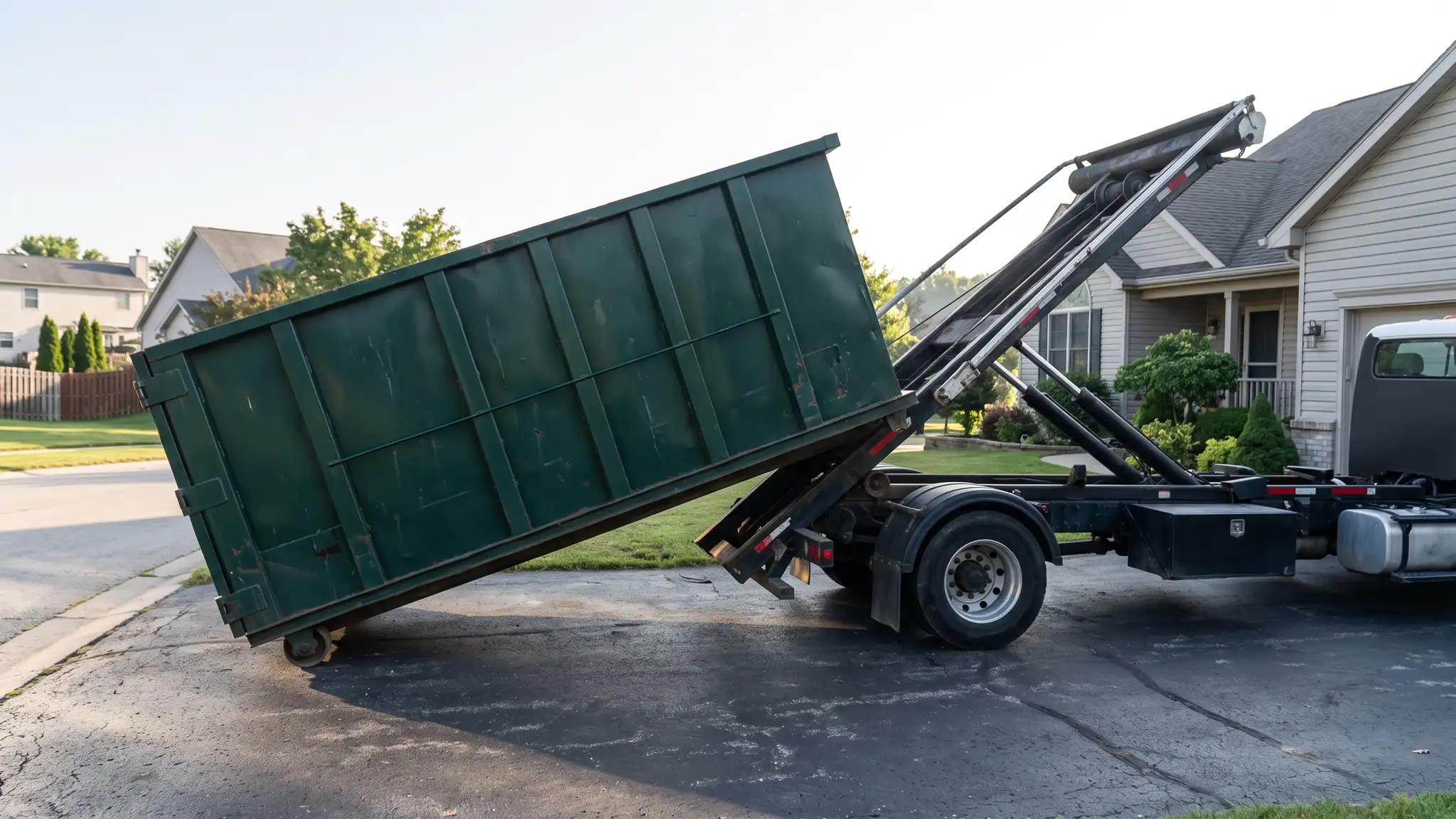 A heavy roll-off truck lowering a dark green steel dumpster onto a residential driveway in the morning