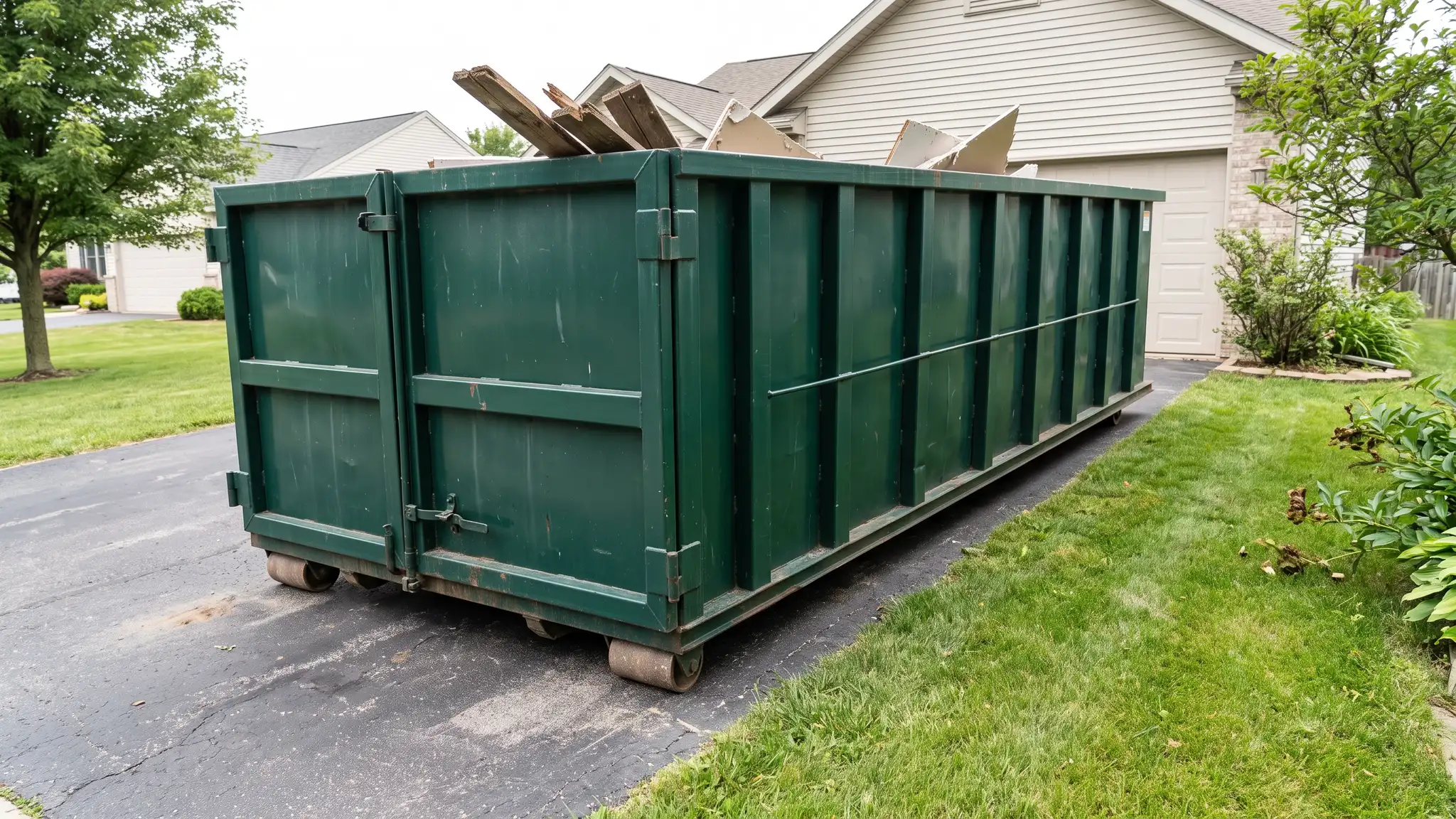 Twenty-yard workhorse | Music City Roll Off A clean twenty-yard dark green roll-off dumpster in a driveway beside a lawn with a few pieces of old lumber and drywall visible inside