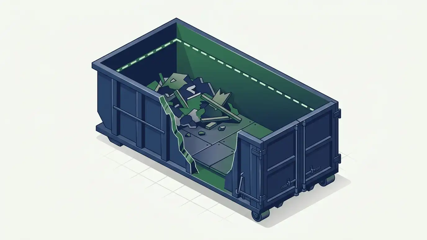 A clean illustrated isometric cutaway diagram of a roll-off dumpster showing the steel floor, the side walls, the rear door, the front hook rail and wheels, a dashed fill line near the top and a pile of debris inside in navy blue and green colors