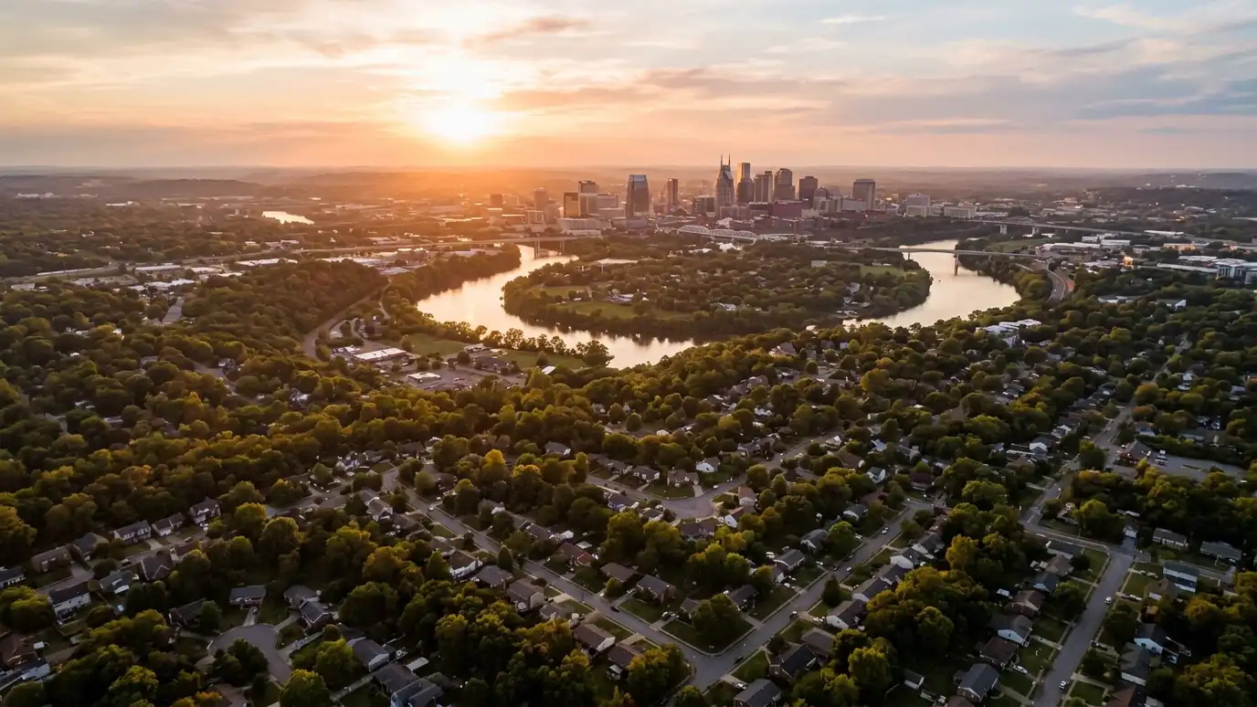 A golden sunset aerial view of the Nashville skyline above tree-covered neighborhoods with suburban homes and a winding river