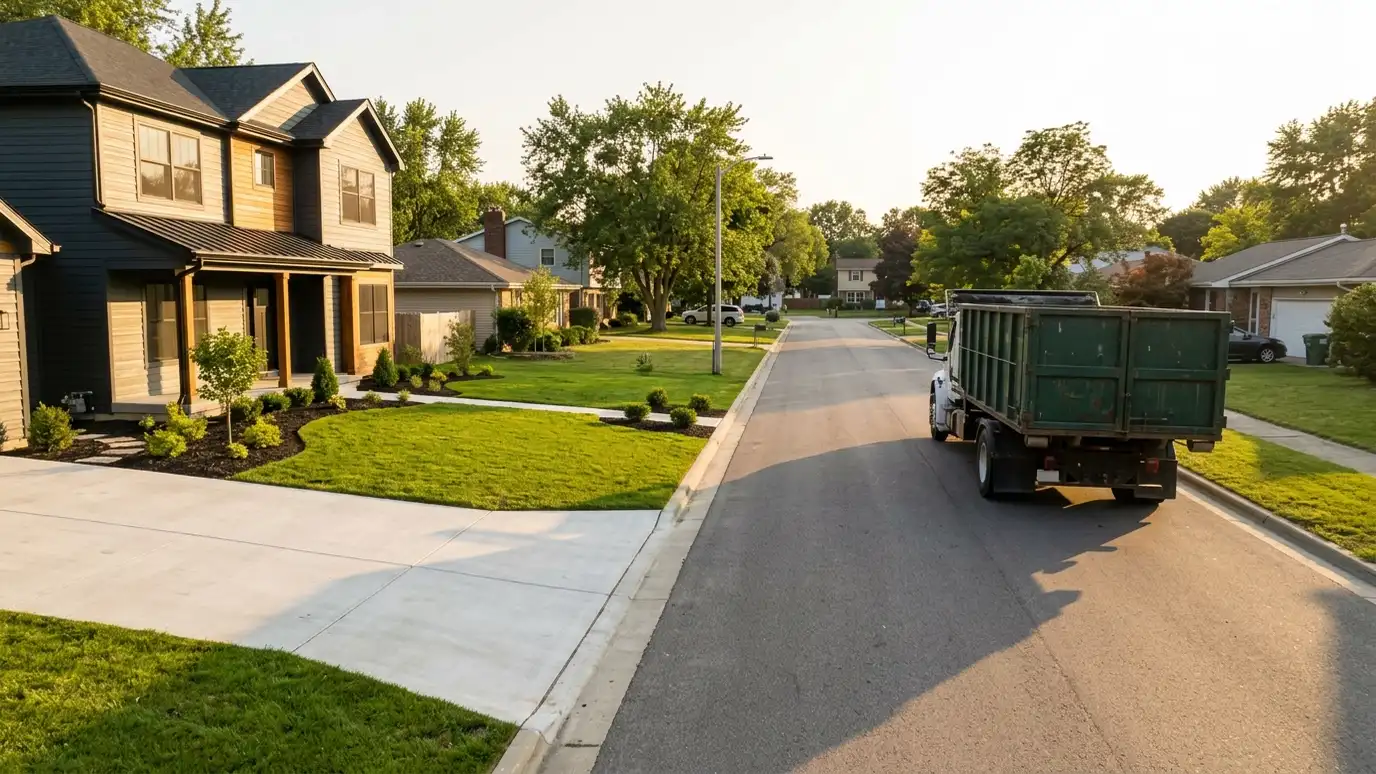 A wide view of a finished home renovation with a clean driveway, a tidy yard and a dark green dumpster being hauled away at the end of the street