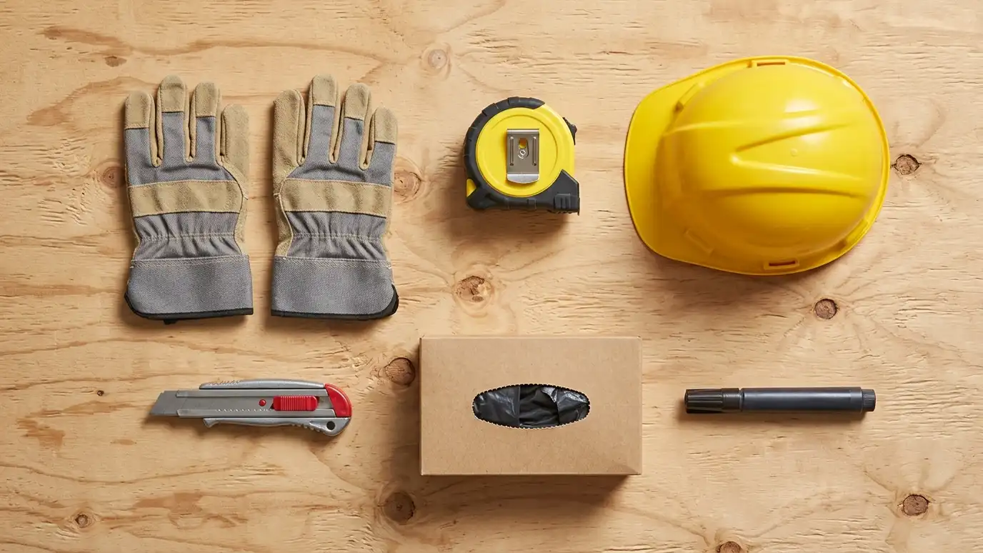 A neat flat lay of jobsite items on a plywood surface: work gloves, a tape measure, a hard hat, a utility knife, a box of contractor bags and a marker