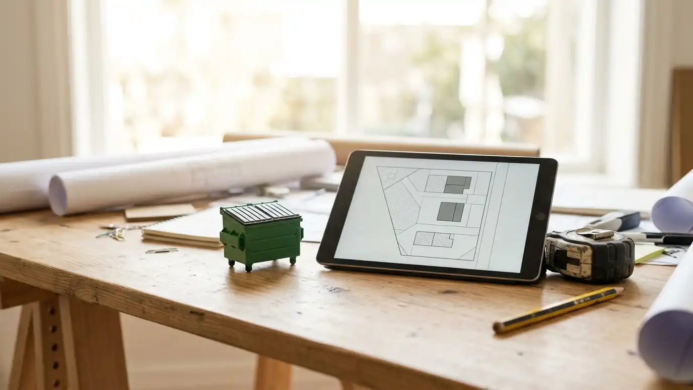 A desk with a tablet showing an abstract blank site plan, a tape measure, a pencil, a tiny dumpster model and a bright window behind