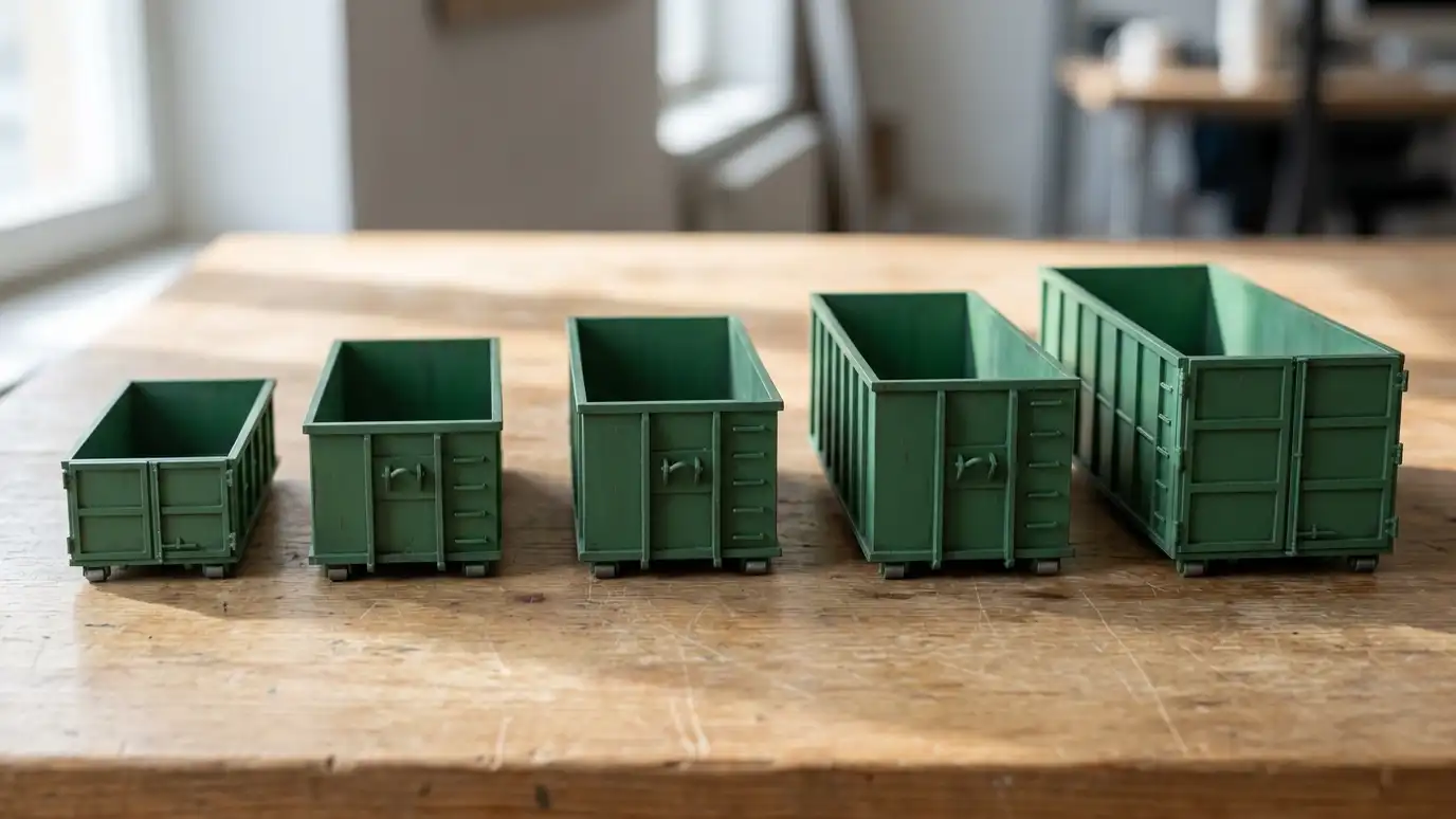 Dumpster rental FAQ | Music City Roll Off A neat row of five small scale models of roll-off dumpsters in increasing sizes from small to very large on a table