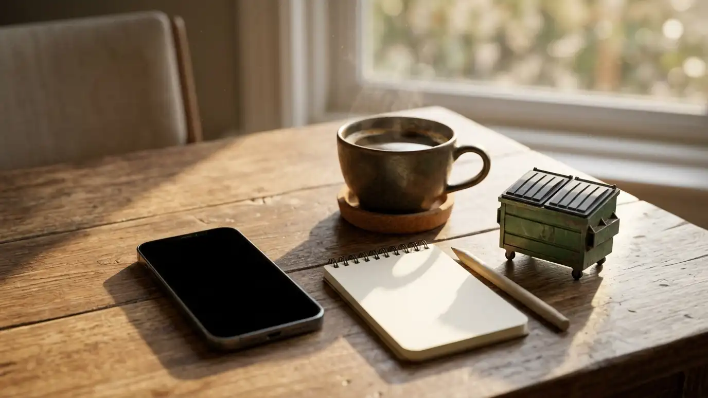 A phone with a blank screen, a coffee cup, a notepad and a tiny dumpster model on a table in morning light