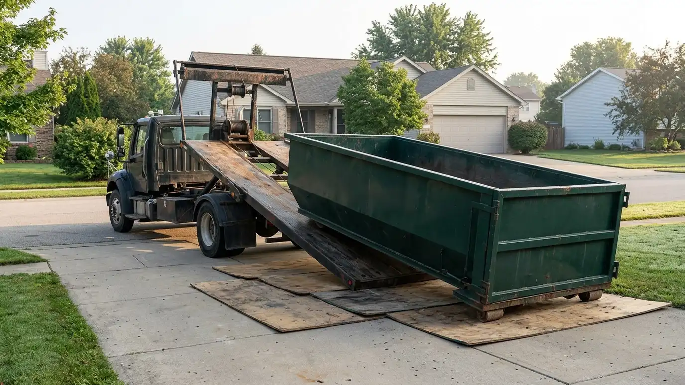 A roll-off truck setting a dark green steel dumpster down on plywood in a residential driveway in the morning