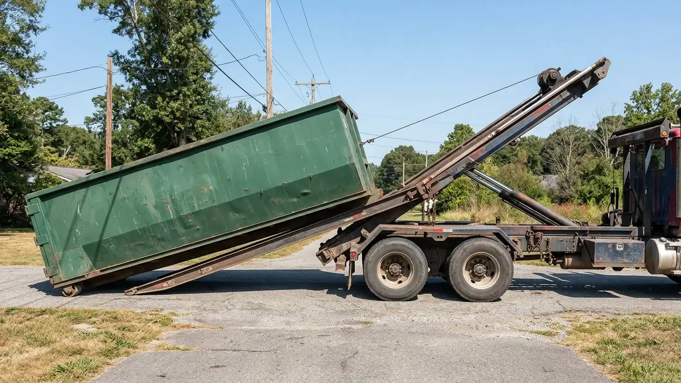A roll-off truck lifting a dark green steel dumpster onto its bed at the end of a driveway on a clear day