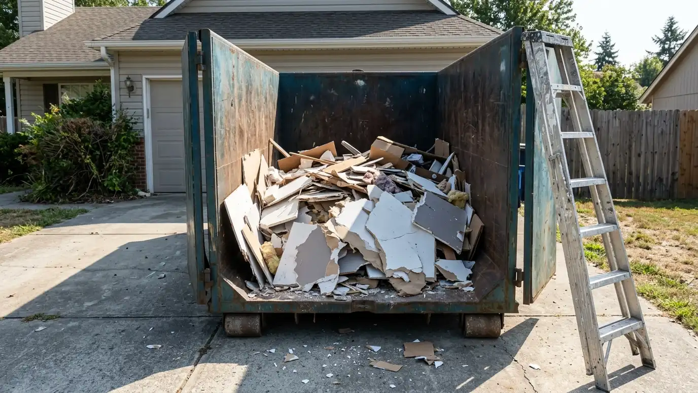 Our dumpster rental process | Music City Roll Off A dumpster half-filled with household debris and broken drywall in a driveway with a ladder leaning against it