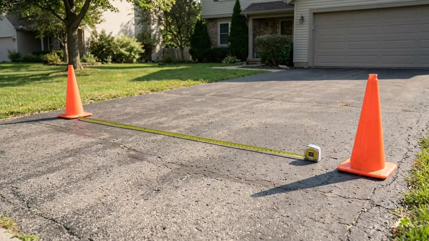 A tape measure stretched across a residential driveway between two orange cones to check the space for a dumpster